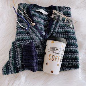 Vintage V-neck Blue + Green Sweater SZ S